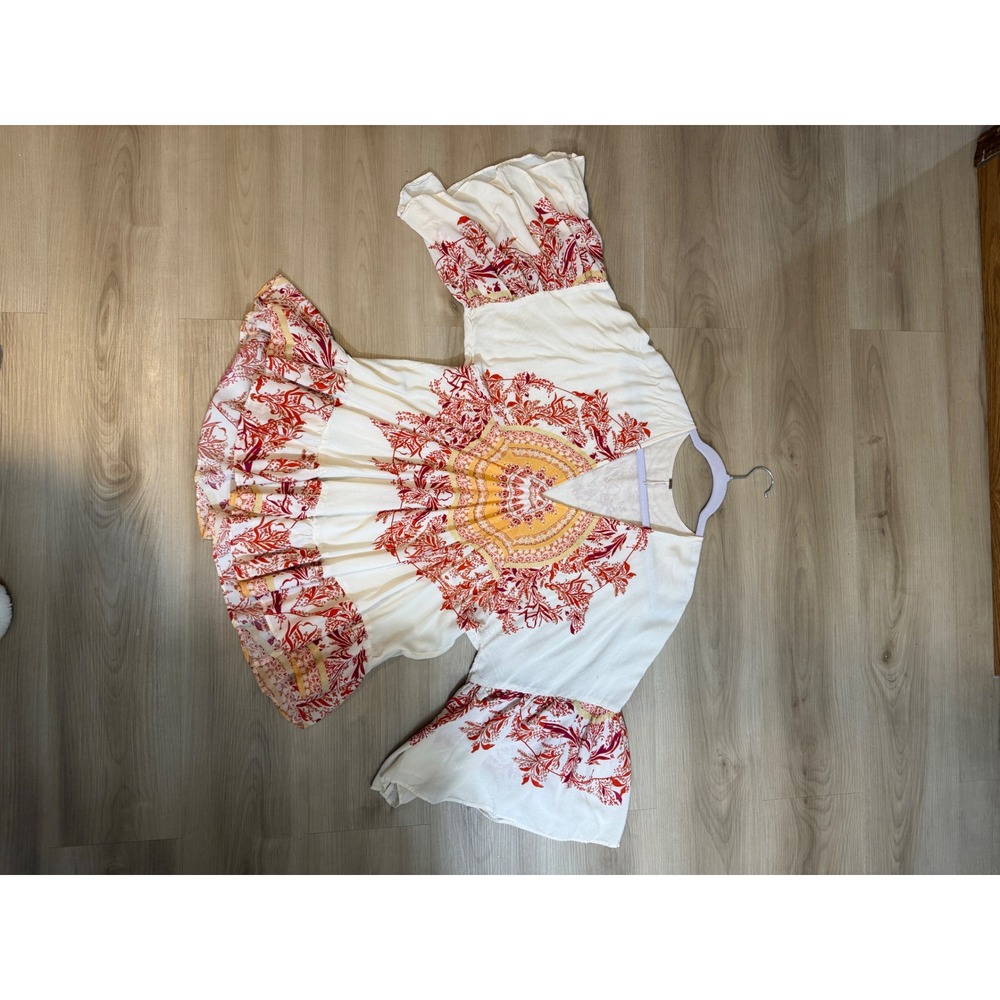 Free People Tunic Top Sunset Dreams S Ivory Orange Boho Bell Sleeve V-Neck - Picture 7 of 11